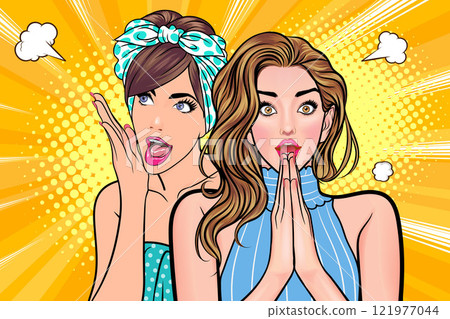 Woman whispering gossip secret to her friend surprise In Retro Vintage Pop Art Comic Style 121977044
