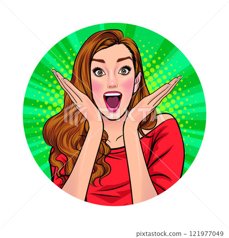 Avatar of woman or business person in various poses, circle background, pop art comics style 121977049