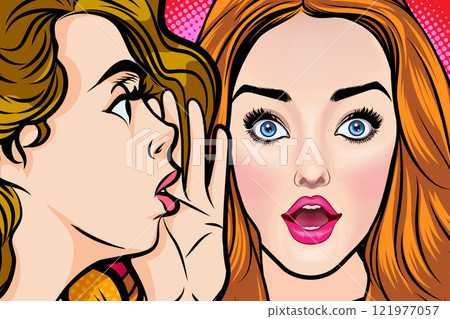 Woman whispering gossip or secret to her friend surprise In Retro Vintage Pop Art Comic Woman whispering gossip or secret to her friend surprise In Retro Vintage Pop Art Comic 121977057