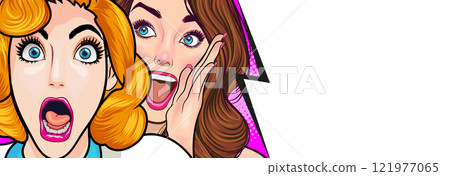 Woman whispering gossip or secret to her friend surprise In Retro Vintage Pop Art Comic 121977065