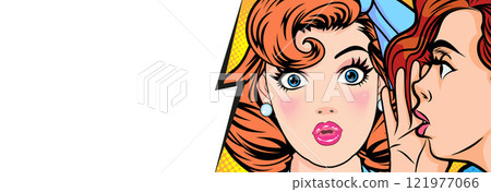 Woman whispering gossip or secret to her friend surprise In Retro Vintage Pop Art Comic 121977066
