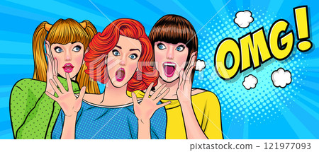 Woman whispering gossip secret to her friend surprise In Retro Vintage Pop Art Comic Style Woman whispering gossip secret to her friend surprise In Retro Vintage Pop Art Comic Style 121977093