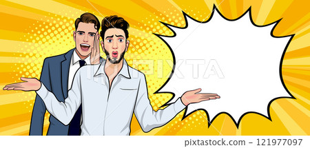business people whispering gossip or business secret to friend surprised In Retro Vintage Pop Art Comic Style business people whispering gossip or business secret to friend surprised In Retro Vintage Pop Art Comic Style 121977097