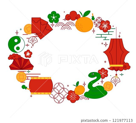 Chinese graphic line illustration with cute green Snake, red lanterns, green and red blossoms, mandarin, gold coin and red envelope. Vector oval frame on transparent background 121977113