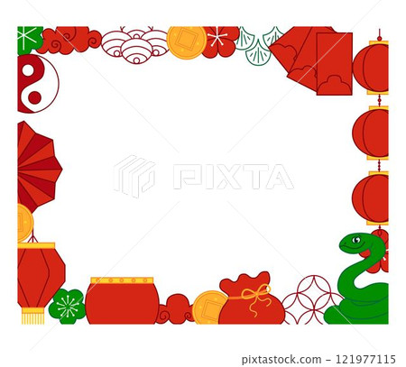Green snake Chinese graphic line template with cute Snake, red lanterns, blossoms, mandarin, gold coin and red envelope. Vector frame on transparent background 121977115