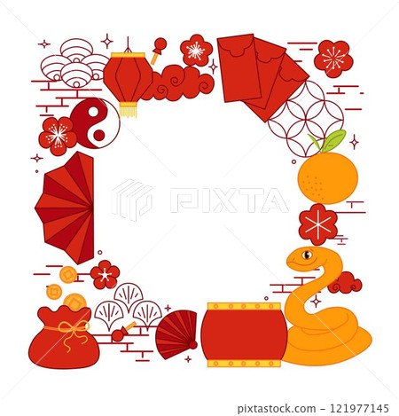 Graphic line vector circle round frame for the Year of the Snake, New Year background material. Chinese new year, lantern festival Graphic line vector circle round frame for the Year of the Snake, New Year background material. Chinese new year, lantern festival 121977145
