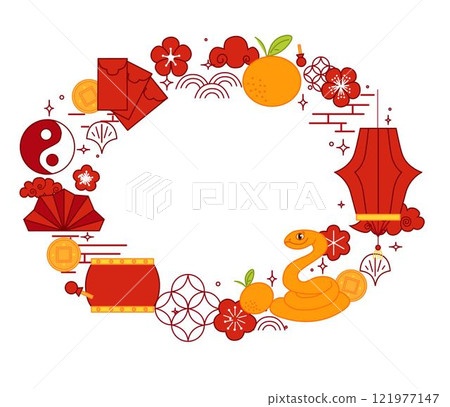 Chinese graphic line illustration with cute Snake, red lanterns, plum blossoms, mandarin, gold coin and red envelope. Vector oval frame on transparent background 121977147