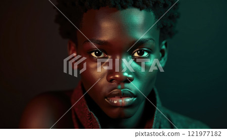 Portrait of a young boy with contrasting lighting showcasing strong features and expressive eyes 121977182