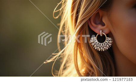 Elegant woman showing off intricate hoop earrings with a soft, natural backdrop during sunset glow 121977183