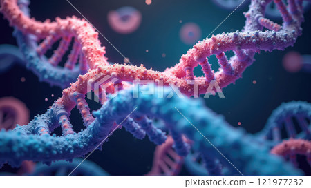 Stunning visualization of intertwined DNA strands in vibrant colors highlighting genetic structures and molecular biology 121977232