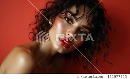 Captivating portrait of a woman with curly hair and vibrant makeup against a bold red backdrop Captivating portrait of a woman with curly hair and vibrant makeup against a bold red backdrop 121977233
