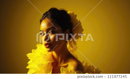 Model poses gracefully in yellow floral attire against a golden background showcasing beauty and elegance 121977245