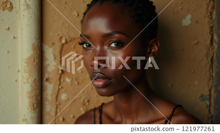 Captivating portrait of a woman with striking features against a textured wall in soft lighting during a photoshoot 121977261