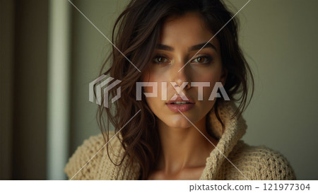 Woman with tousled hair and warm expression looks directly at the camera, wrapped in a soft sweater indoors during golden hour 121977304
