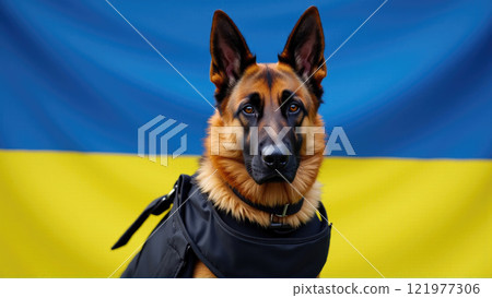 German shepherd wearing a vest stands proudly in front of the Ukrainian flag during a humanitarian event 121977306