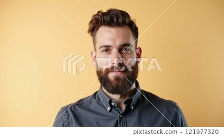 Young man smiling confidently in front of a bright yellow background during a casual portrait session 121977320