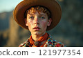Young cowboy with curly hair and hat against a stunning natural backdrop during golden hour in a western landscape 121977354
