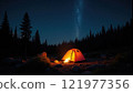 Peaceful camping experience under starlit sky near dense forest in late evening 121977356