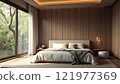 Elegant modern bedroom design featuring large windows and natural light in a serene setting 121977369