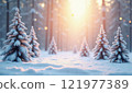 Winter forest landscape with snow-covered trees and warm sunlight streaming through 121977389