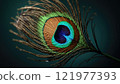 Close-up view of a peacock feather showcasing vibrant colors and intricate patterns in natural lighting 121977393