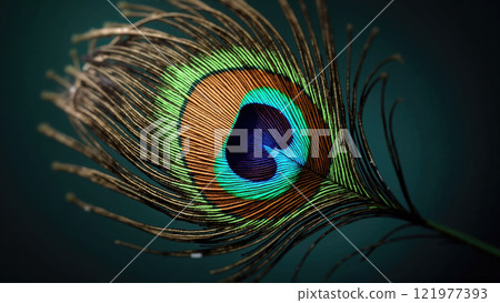 Close-up view of a peacock feather showcasing vibrant colors and intricate patterns in natural lighting 121977393