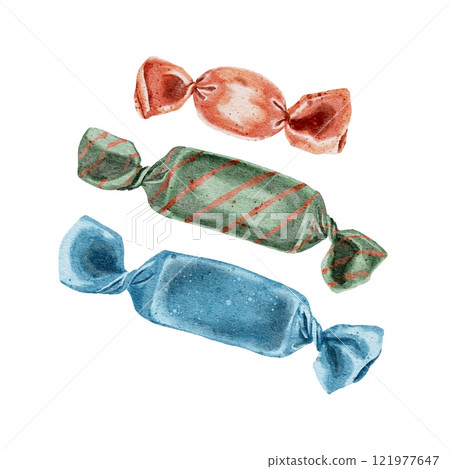 A set of colorful candies, sweet caramel, chocolate candies on white. Watercolor illustration for parties, holidays, labels, textiles, birthday. A set of colorful candies, sweet caramel, chocolate candies on white. Watercolor illustration for parties, holidays, labels, textiles, birthday. 121977647