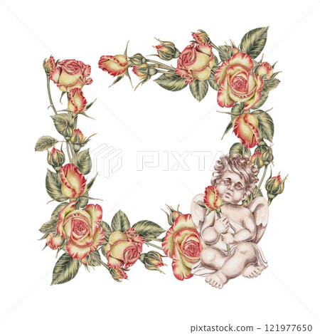 Yellow and pink roses and buds and green leaves with Cupid frame. Watercolor illustration for cards, invitations, holidays Spring, birthday, Valentine's Day, wedding or Mother's Day. Yellow and pink roses and buds and green leaves with Cupid frame. Watercolor illustration for cards, invitations, holidays Spring, birthday, Valentine's Day, wedding or Mother's Day. 121977650