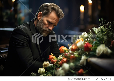 Sorrowful Farewell: Sad Man in Mourning Clothes Bends Over Coffin at Funeral Procession 121977684