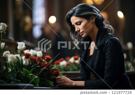 Grieving Woman in Mourning Clothes at Funeral Procession 121977726