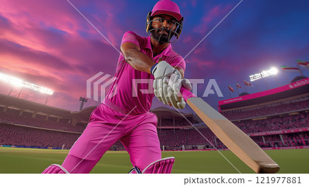 Cricket player in pink gear positioned for powerful shot during a night match in a brightly lit stadium. 121977881