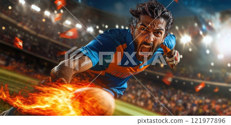 Close-up of cricketer diving to catch a ball with fiery effects, showcasing intense determination and dramatic action on the field. 121977896