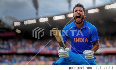 A cricket player in blue uniform passionately celebrating a game moment on the field, with a blurred crowd and stadium lights in the background. 121977901