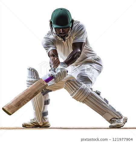 Professional cricket player in batting stance, wearing full cricket gear, poised to hit, against clean white studio background. 121977904
