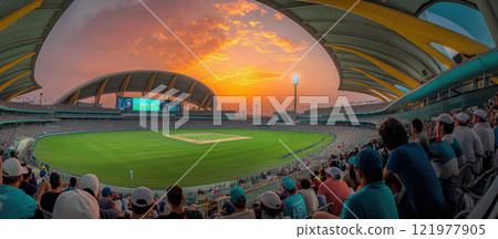 Panoramic view of a cricket stadium at sunset, filled with spectators watching the game, under a stunning orange-hued sky. 121977905