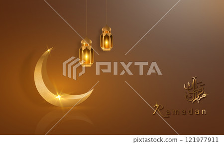 Ramadan banner, 3D gold crescent moon, holiday greeting traditional islamic. Design for product showcase, presentation, cosmetic, base, sales, copy space. Text translation in Arabic lettering, Ramadan 121977911