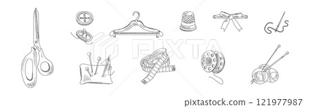 Sewing and Needlework Line Sketch Object and Element Vector Set 121977987