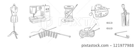 Sewing and Needlework Line Sketch Object and Element Vector Set 121977988