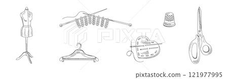 Sewing and Needlework Line Sketch Object and Element Vector Set 121977995