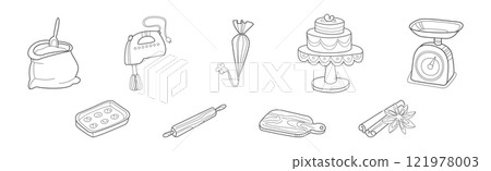 Baking Kitchen Object and Item Doodle Line Vector Set 121978003