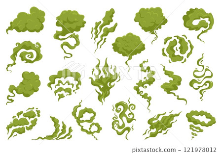 Acrid smoke green clouds. Toxic smell, stinky fart steam, spoiled products aroma, chemical poisonous acid evaporation, smelly bad breath, isolated background elements, nowaday vector set Acrid smoke green clouds. Toxic smell, stinky fart steam, spoiled products aroma, chemical poisonous acid evaporation, smelly bad breath, isolated background elements, nowaday vector set 121978012