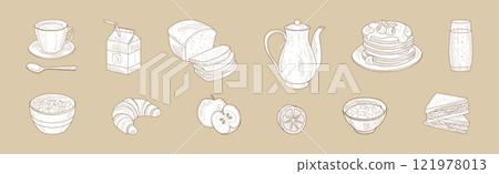 Breakfast and Morning Food Hand Drawn Product Vector Set 121978013