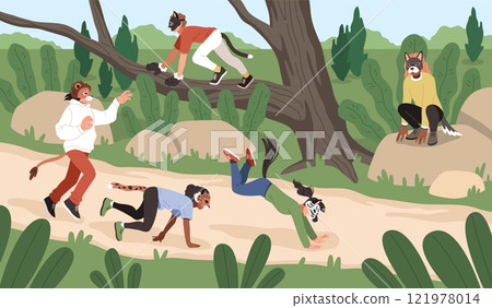Animals copycats play on nature. People quadrobbers, leopard, lion, zebra and cougar play in park, children in fauna masks, happy teen friends cartoon flat isolated tidy vector concept 121978014
