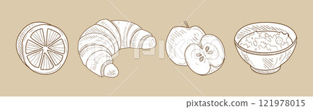 Breakfast and Morning Food Hand Drawn Product Vector Set 121978015