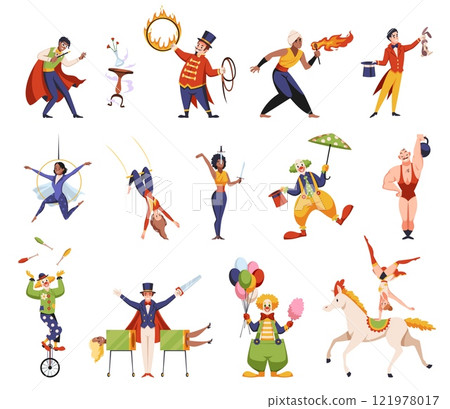 Cartoon circus artists characters. Chapiteau representatives, funny magician, sword swallower, trainers, gymnasts, clowns and magician, athlete performance, isolated people, tidy vector set 121978017