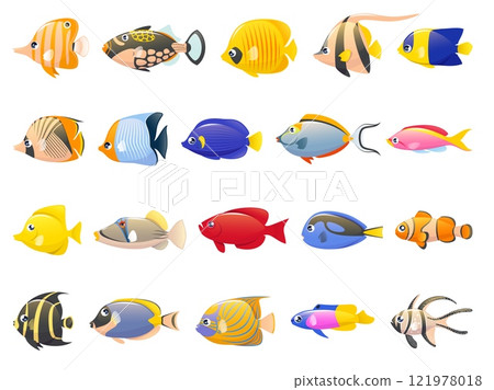 Cartoon exotic fish. Tropical underwater wildlife, bright fish, different colors, marine life, aquarium patterned animals, Caribbean sea fauna, coral reef wildlife goldfish, vector isolated set 121978018