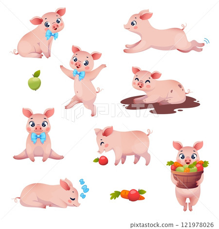 Funny cartoon pigs. Cute farm animals play, eat vegetables, bathe in mud, little pink porks, kids mascot, various poses, happy actions and emotions, childish characters, isolated vector set 121978026