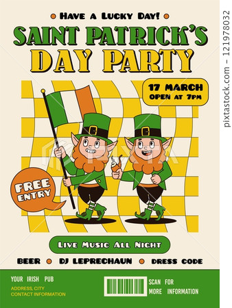 Patrick day poster. Funny leprechauns at beer parade, march 17th, dwarves with Irish flag, groovy cartoon characters, invitation card for party, banner typography design, tidy vector concept Patrick day poster. Funny leprechauns at beer parade, march 17th, dwarves with Irish flag, groovy cartoon characters, invitation card for party, banner typography design, tidy vector concept 121978032