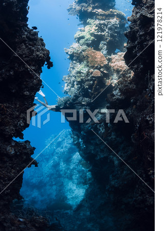 Freediver swims among underwater canyon in blue ocean near Menjangan island, Bali. 121978214