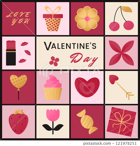Background with romantic Valentines Day symbols - heart, flower, gift, balloon, cherry, strawberry, lipstick, air kisses. Vector illustration in flat geometric style. Bright pink, gold and red colors. 121978251